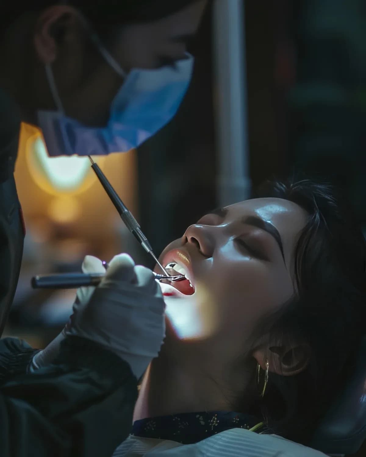 Paciente reclinada durante limpeza dental, com espelho e instrumento em uso