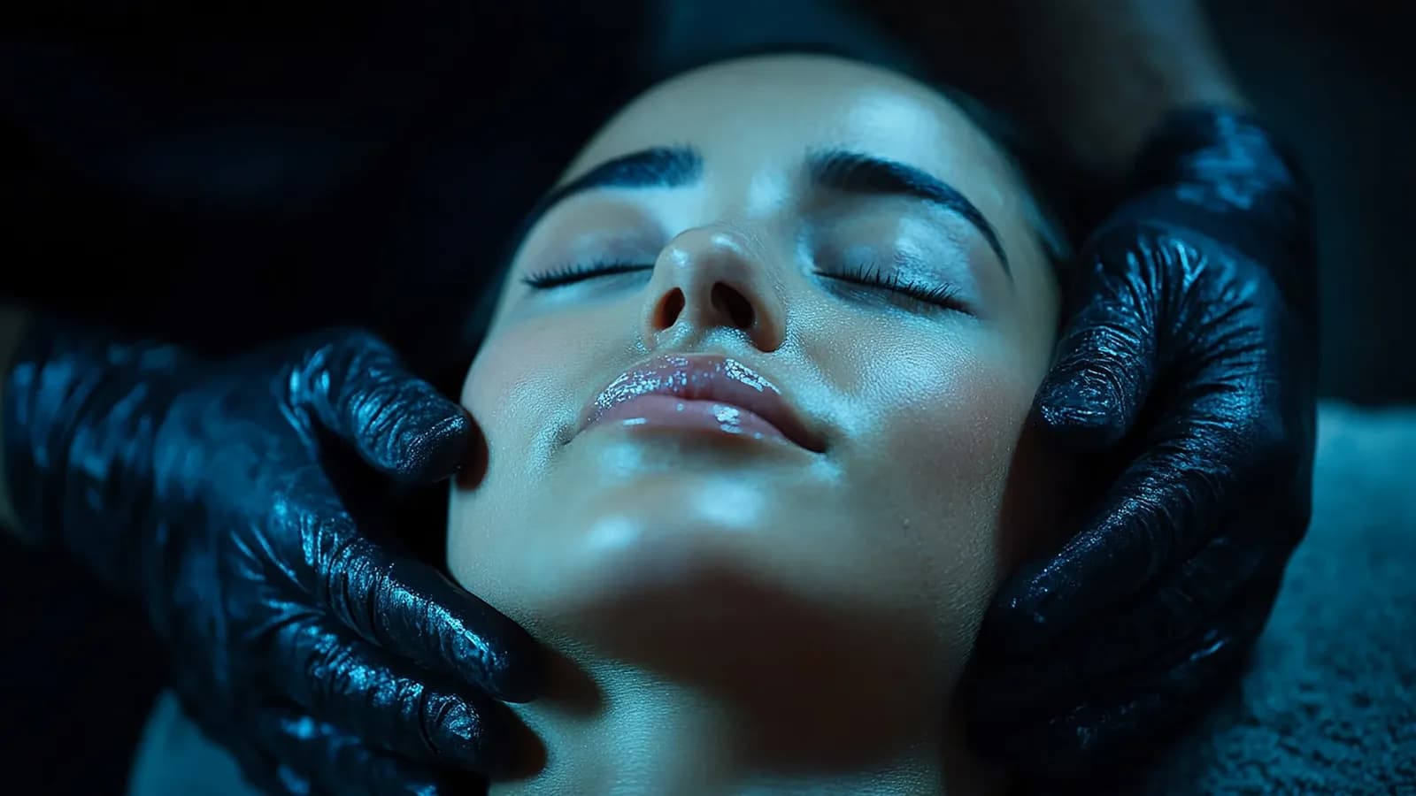 Atendimento de harmonização facial em consultório, com luvas de procedimento